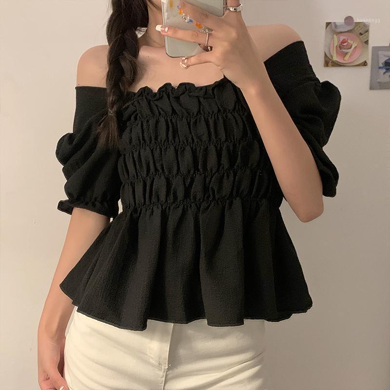 

Women's Blouses & Shirts Large Size Women 's Off-Shoulder Puff Sleeve Shirt Summer Fashion Design Sense Pleated Casual Top, Black