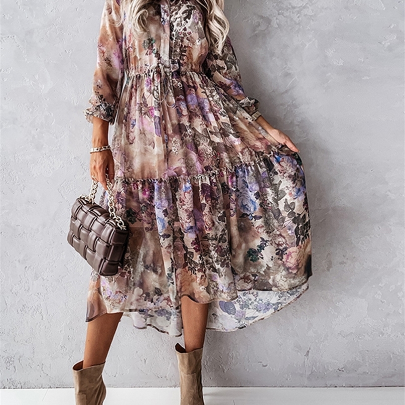 

Floral Print V Neck Long Shirt Dress Women Autumn Sleeve A Line Irregular Ruffles OL Lady Vintage Maxi 220613, 04