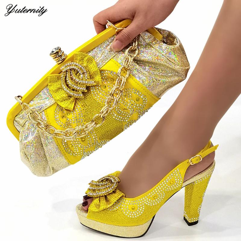 

Dress Shoes African Summer Style Yellow Color Woman And Bags Set Nigerian Rhinestones Heels For PartyDress, Black