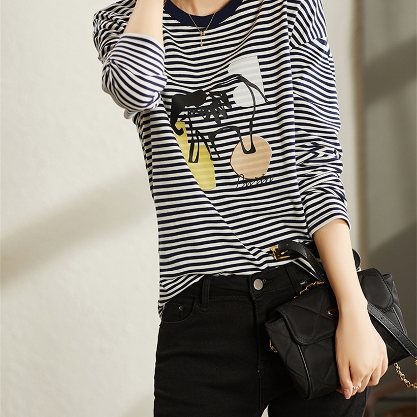 

VIMLY T Shirt for Women Autumn Cotton Comfortable Long Sleeve Printed Loose Tops Casual T-shirts Female Clothing F8753 220322, Black striped