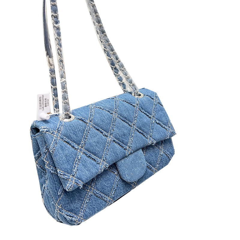 

Designer Classic Medium Single Flap Denim Bags Quilted Blue Grey Silver Hardware Matelasse Chain Crossbody Shoulder Handbags, Box