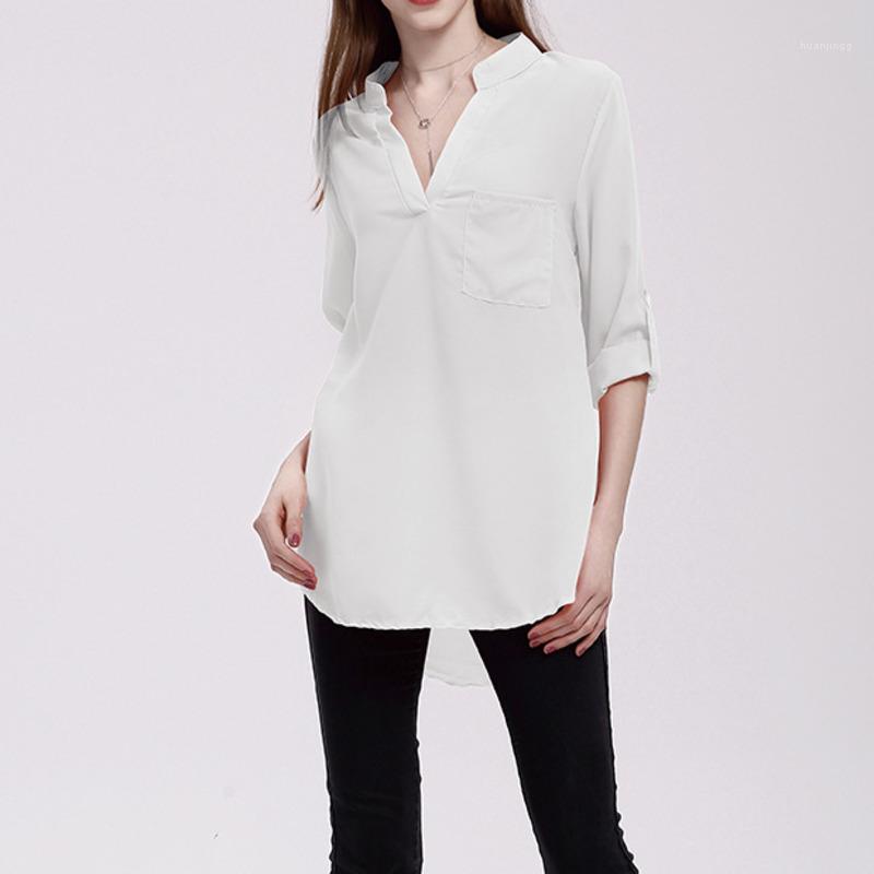 

Women' Blouses & Shirts 2022 Summer Spring Casual Blouse Women Top And Shirt Long Sleeve Pocket White Solid V-Neck Chiffon, Brick red