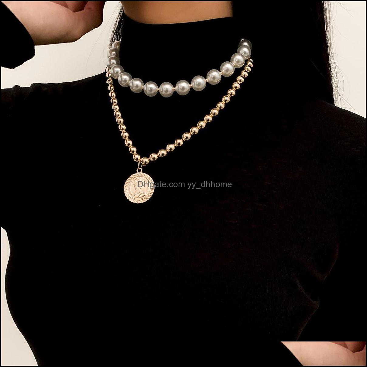 

Pendant Necklaces Pendants Jewelry Portrait Coin Alloy Retro Golden Card Neck Imitation Pearl Clavicle Chain Hip Hop Mti-Layer Fashion Cre
