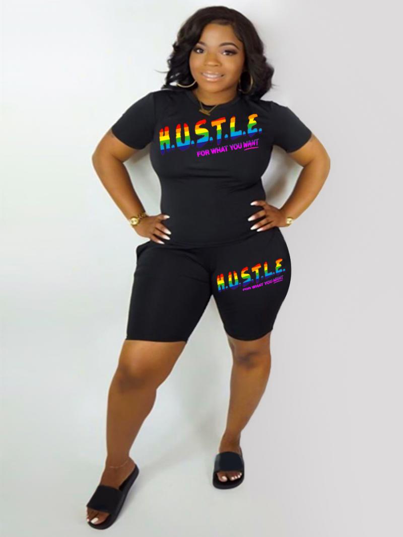 

Women's Plus Size Tracksuits SizeShorts Set Hustle Letter Print Female Polyester Regular Long Sleeve O Neck Casual Matching OutfitWomen's, Black