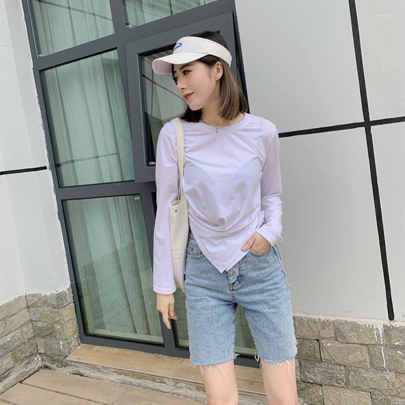 

Women's T-Shirt Fall Slim Shirt Solid Color Long-sleeved Round Neck TH6-30Women's, Black