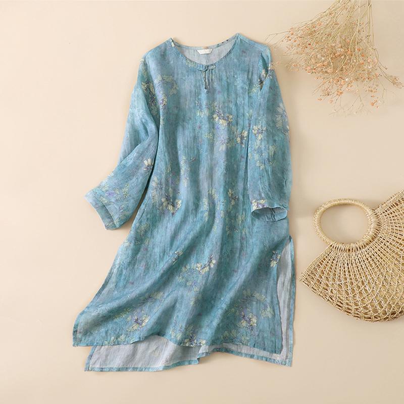 

Women's Blouses & Shirts Light Weight Age-Reduced Women Cotton Linen Vintage Floral Print Kaftan O-Neck Half Sleeve Female Elegant Beach Shi, Green