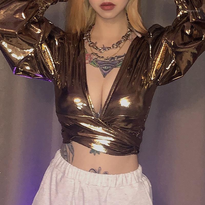 

Charmed Deep V-neck Bandage Blouse Long Lantern Sleeve Street Fashion Slim Shirt Blackless Crop Tops Nightclub Wear Em* Women' Blouses & Sh, Gold