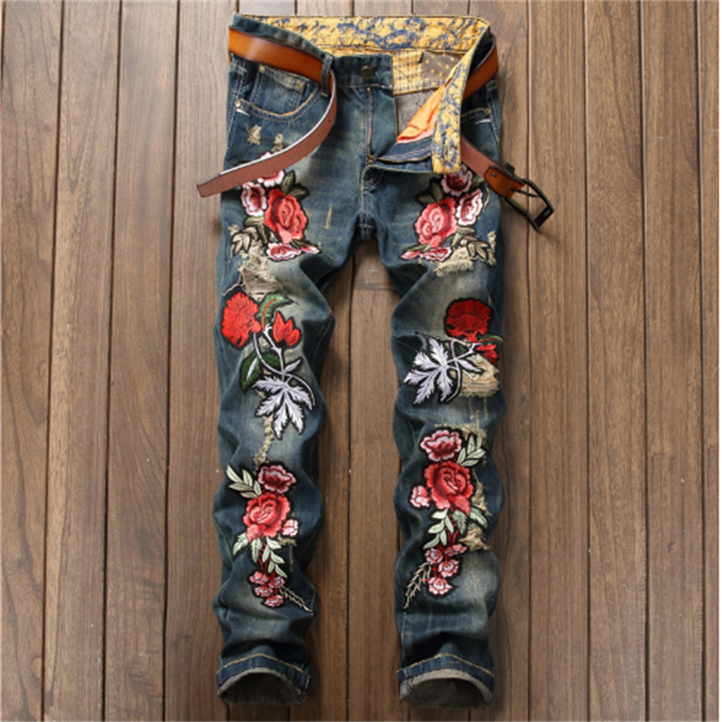 

Embroidery Floral Tiger Bird Print Design Mens Ripped Jeans Slim Denim Pencil Pants Hommes Blue Straight Biker Jean Long Trousers 27-38, Black