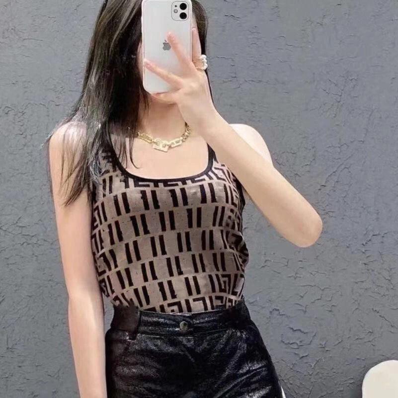 

High-quality Women' Knits designer retro U-neck FF letter jacquard knitted slim-fit camisole Size -L, Khaki