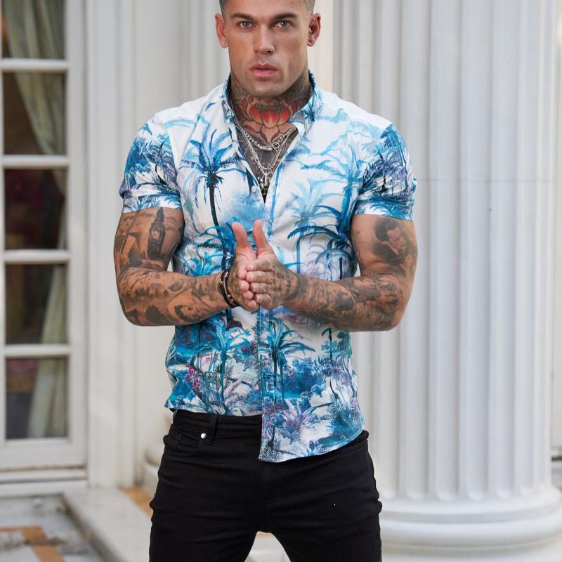 

Men's Casual Shirts Men's Inch Shirt T-shirt Youth Summer Printing Short-sleeved Flower T-shirtMen's, Blue