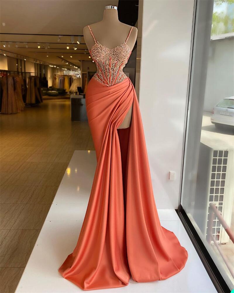 Bright Orange Sexy Mermaid Prom Dresses V Neck Sequins Beads Appliques Satin Sleeveless Spaghetti Straps Floor Length Side Split Evening Formal D