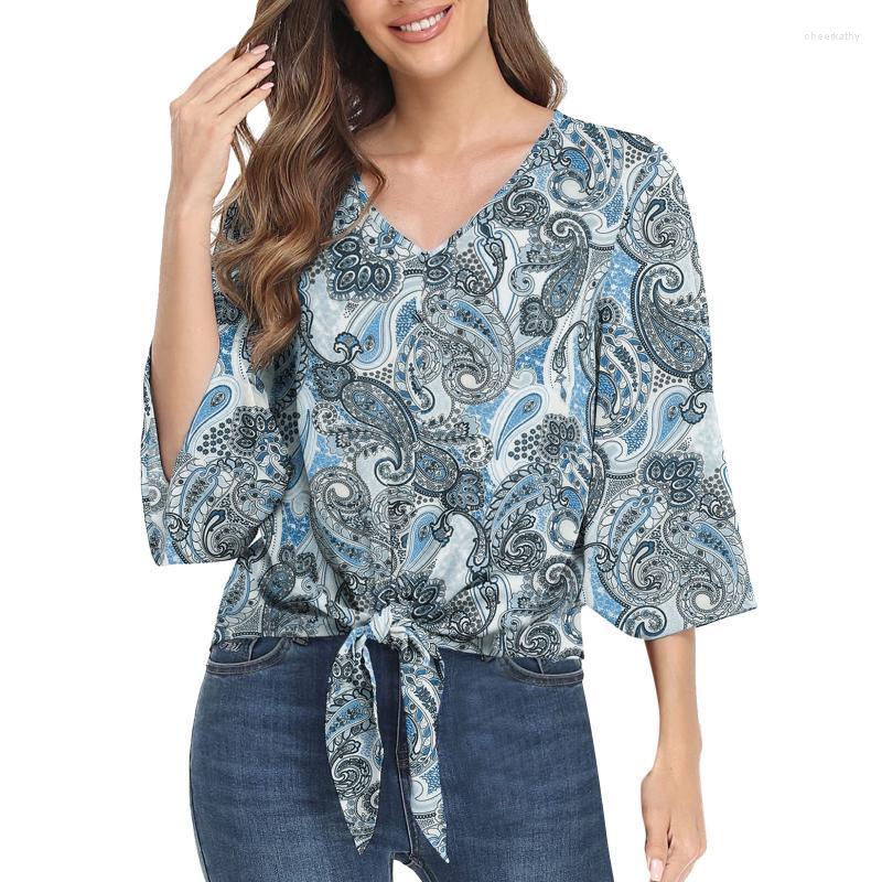 

Women's Blouses & Shirts Women Loose Front Tie Floral V-Neck BlouseV Neck Three Quarter Sleeve Flared Bow Casual Shirt Summer TopWomen's Che, Navy
