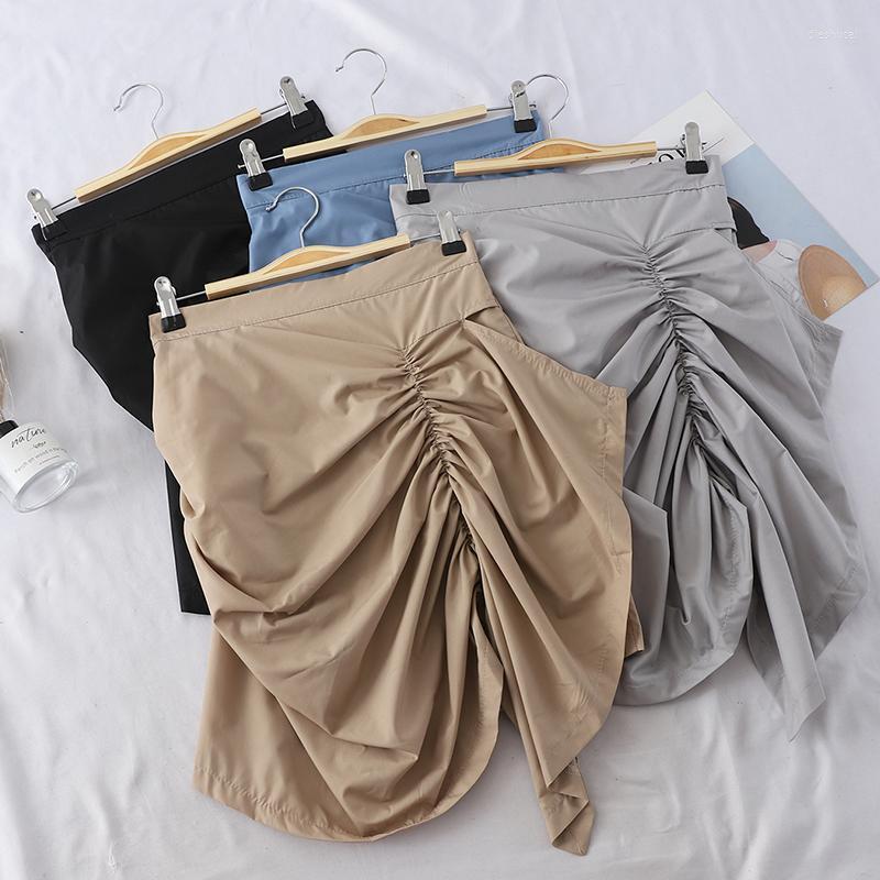 

Skirts Lady Irregular Pleated Skirt 2022 Summer Women Temperament Bag Hip Casual Solid High Waist Chic Female, Gray