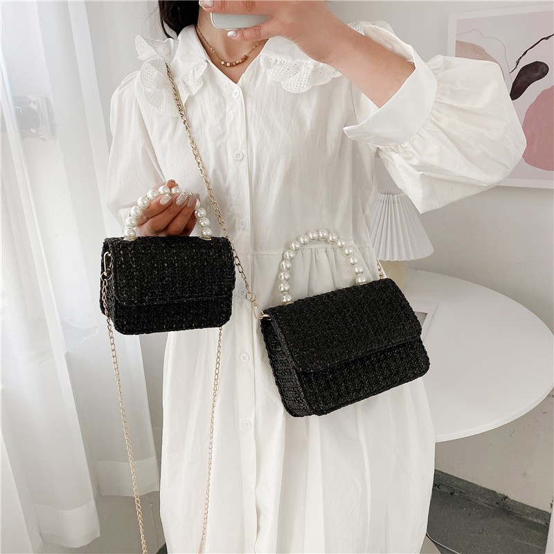 

Fashion Straw Woven Shoulder Bags For Women Summer Beach Vintage Clamshell Crossbody Bag Female Designer Gold Chain Handbags Sac, Dark khaki
