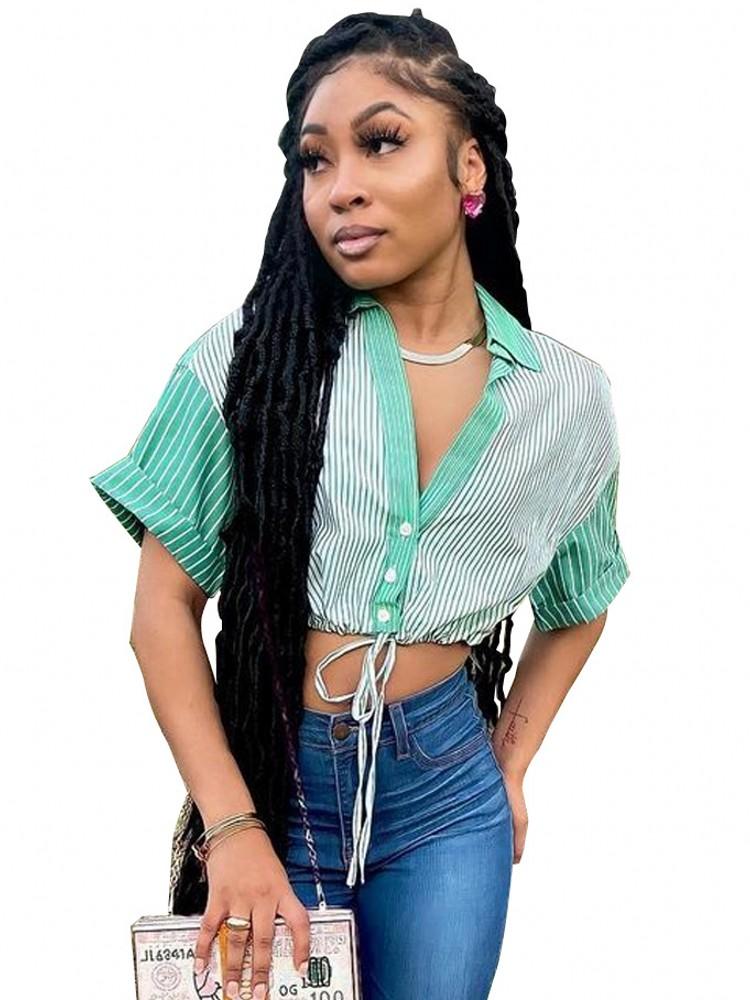 

Women' Blouses & Shirts Short Shirt Tops Women Single Breasted Drawstring Patchwork Summer Striped Print Street Style Sexy Female Tunic Blo, Green