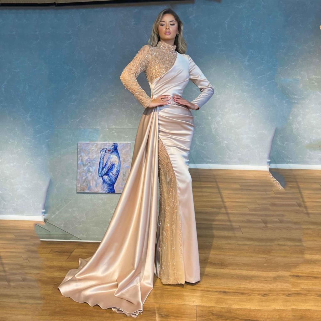 Champagne Sexy Mermaid Prom Dresses High Neck Sequins Beads Appliques Satin Long Sleeves Portrait Elegant Floor Length Elegant Evening Formal Dre