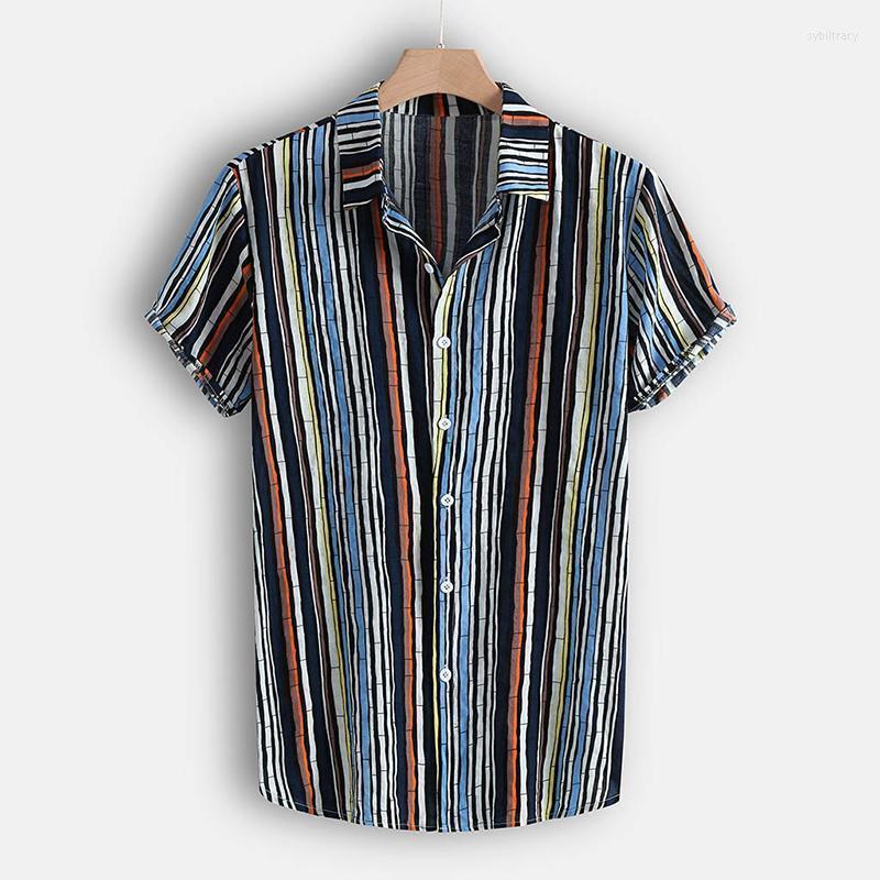 

Men's Casual Shirts Summer Men's Lapel Short-Sleeved Hawaiian Striped Shirt Button Breathable Street Loose Fashion HolidayMen's Sybi22, Blue stripes