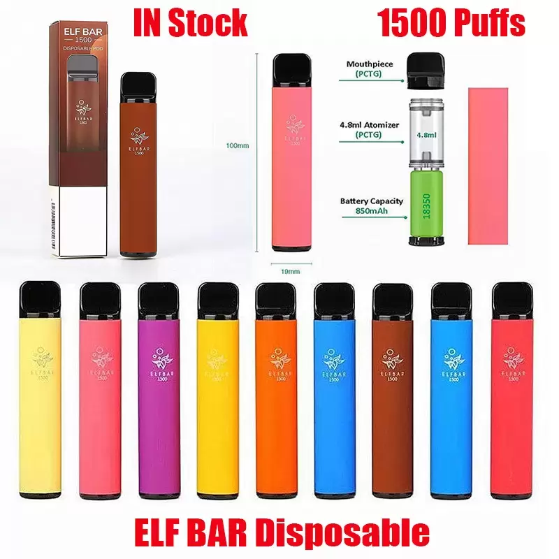 

ELF BAR 1500 Puffs Disposale Pod E Cigarette With 850mAh 18350 Battery 4.8ml Prefilled Cartridge Smoking Vape Pen VS Esco Bars