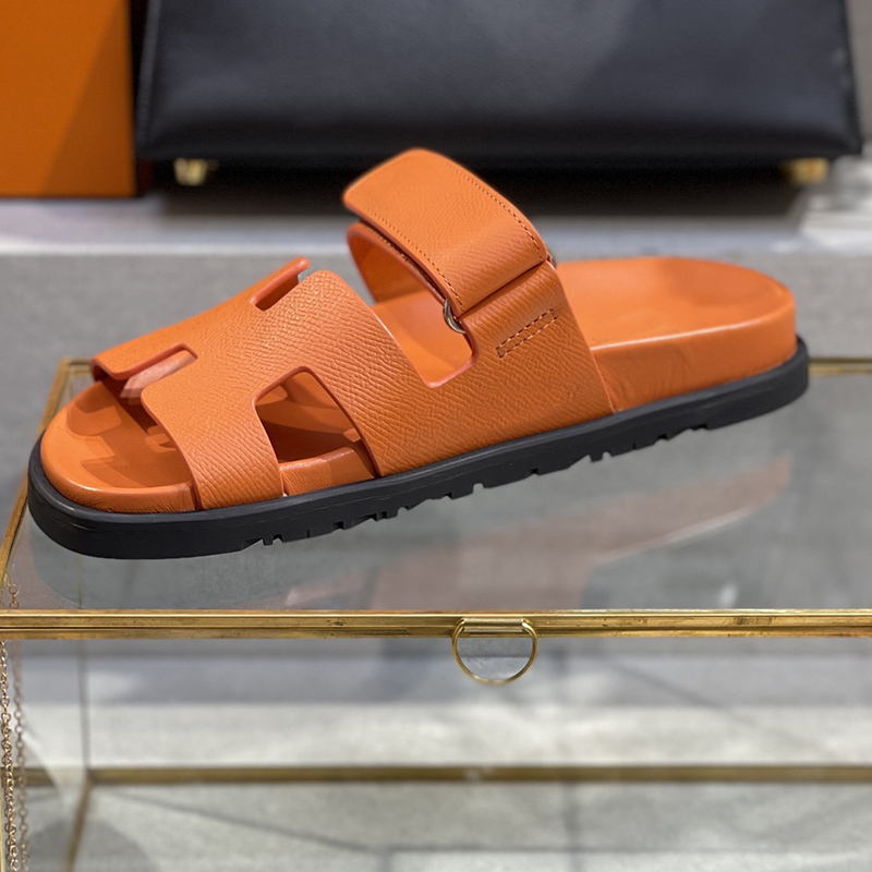 

H Flat slippers Designers Women Novelty Ugly cute Sandals Top quality cowhide Platform Palmprint Leather Leisure Beach shoe super comfortable Womens slipper, Black cowhide