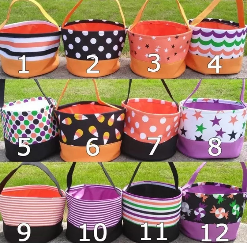 

Halloween Bucket Favors Polka Dot Bat Striped Polyester Candy Collection Bag Halloween Trick or Treat Pumpkin Bags Party Decoration 12 Designs