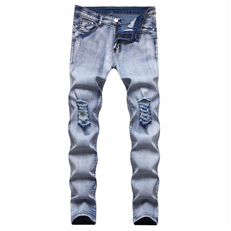

Men's Jeans Streetwear Men Autumn Winter Solid Color Slim Stretch Casual Mid Waist Ripped With Denim Straight Pants, Blue