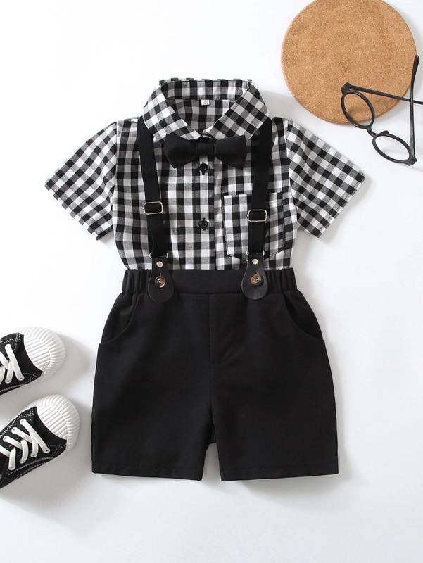 

Toddler Boys Gingham Bow Shirt & Pinafore Shorts SHE, Black and white