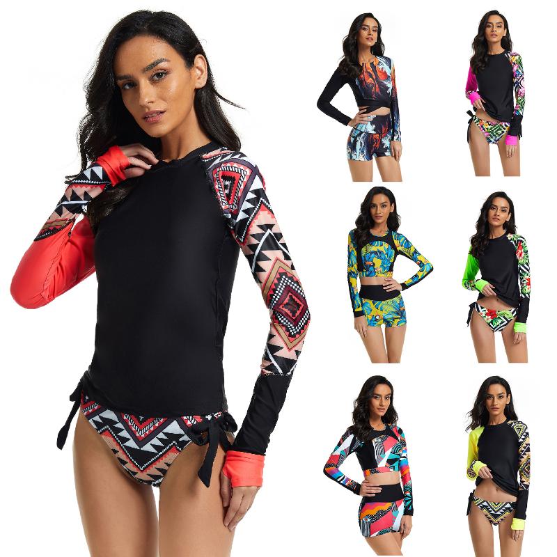 

Women's Swimwear Two Piece Rashguard Women Long Sleeve Floral Print Surfing Wear Tankinis Swimsuit Shorts Diving Shirt Rash Guards WomenWome, 727003