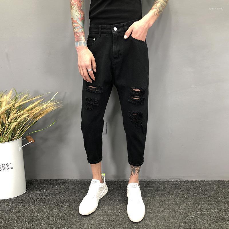 

Men's Jeans Fashion 2022 Men's Big Hole Korean Style Trendy Cropped Trousers Slim Couple Harem PantsMen's Heat22, Black