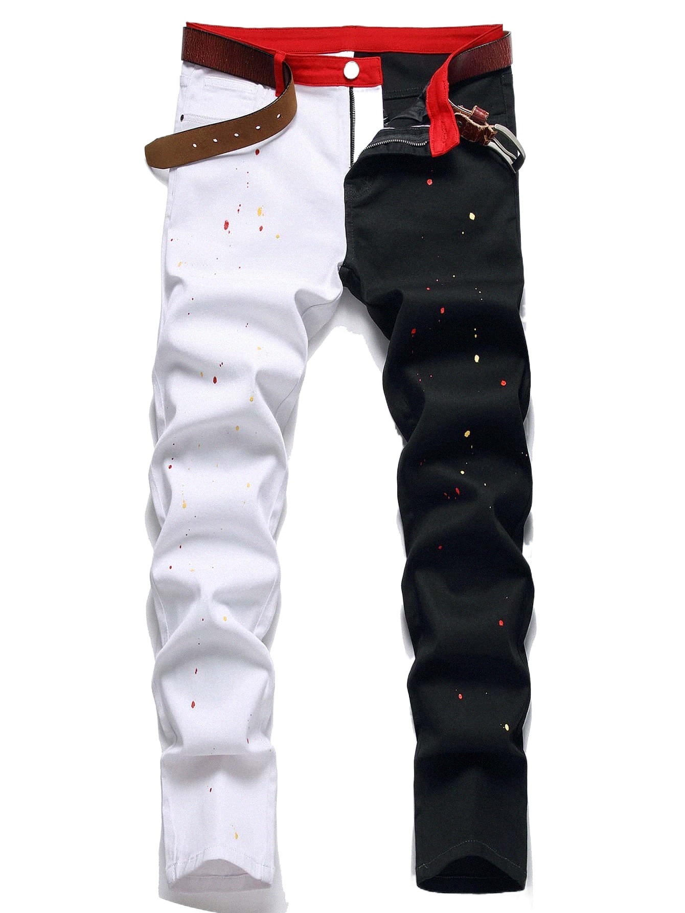 

men Paint Drip Print Two Tone Jeans Without Belt S9rJ#, Black and white