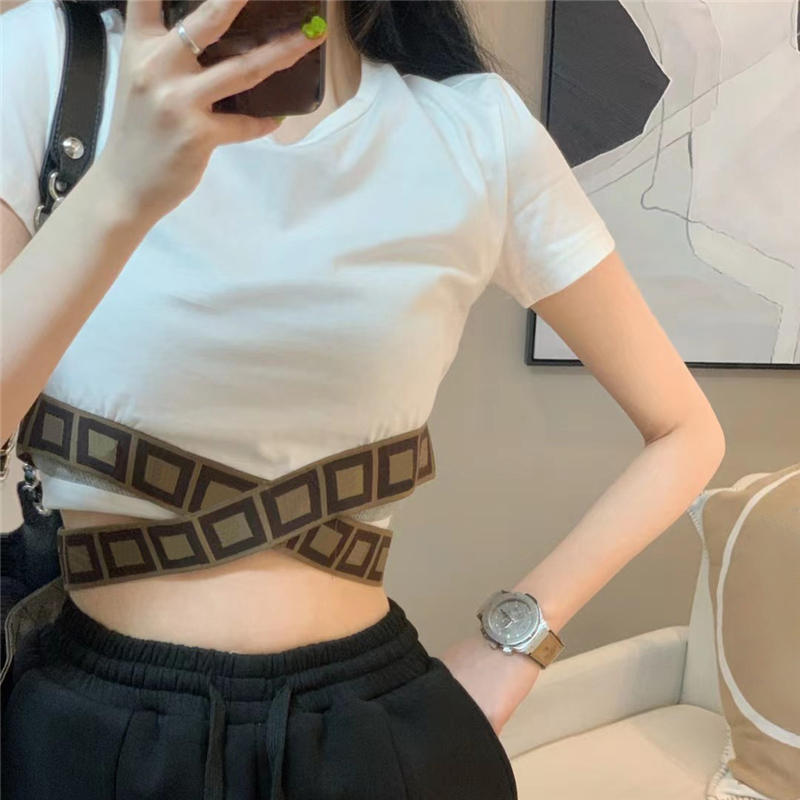 

Cross Letter Webbing T Shirt Tops For Women Short Style Tees Designer Brand Girl Sexy Tshirt Clothing, White