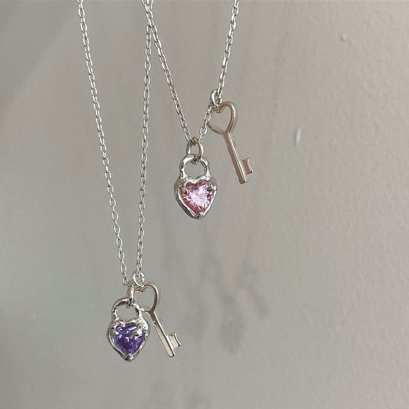 

S925 Sterling Silver Necklace Female Love Key Clavicle Chain Spring New Pink Purple Zircon Jewelry