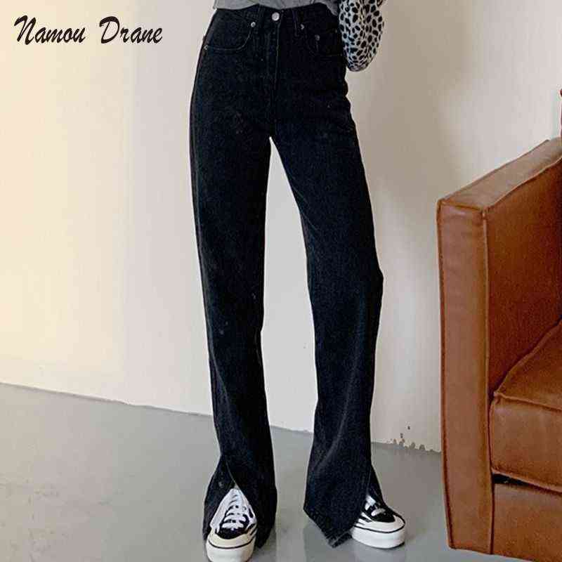 

Namou Drane Black Gray Straight Tube Slit Jeans Women 2022 Spring New High Waist Slim Loose BF Wind Mop Wide Leg Pants Tide T220728