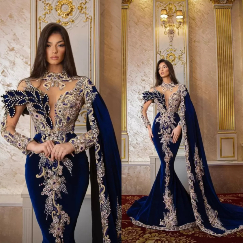 

New Luxury Velvet Royal Blue Mermaid Evening Dresses Beads Long Sleeves High Neck Birthday Party Prom Gowns with Shawl Custom Made, Champagne