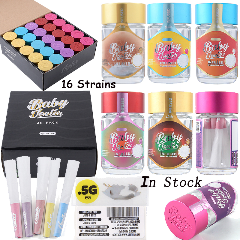 

In Stock Baby Jeeter 5-Pack Container Pre-rolling Paper Bag High Potency Infused with Liquid Diamond Cone Paper Labels Master Box Packaging Dab Oil Wax 16 Strains