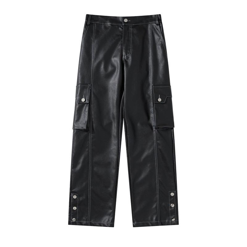 

Men's Pants Fashion Black PU Faux Leather Men Straight Leg Pant Loose Trousers Unisex Streetwear Baggy Punk Dark Cargo ClothingMen's