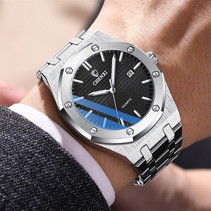 

Fashion Casual Men's Watches Big Dial Silver Stainless Steel Calendar Male Business Wristwatch Leisure Waterproof Watch for Men 220407, Silver white