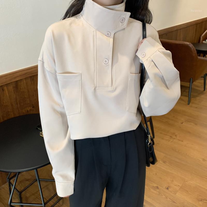 

Women' Blouses & Shirts Chic Women 2022 Stand Collar Autumn Winter Shirt Blouse Female Full Sleeve Casual Solid Office Ladies Loose Tops WB, Beige