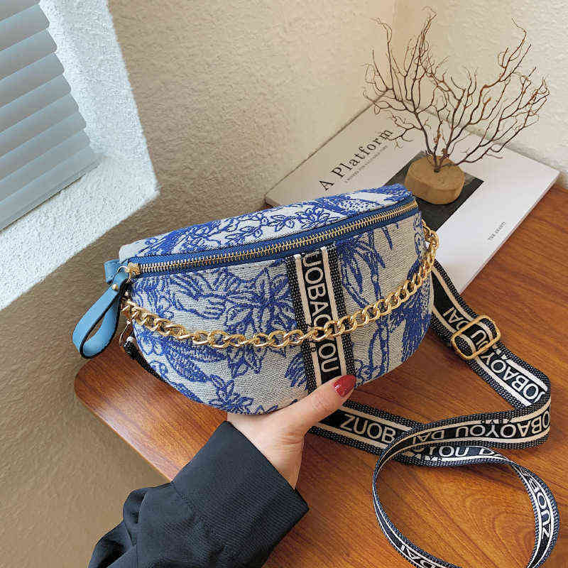 

Landscape Painting Letter Printed Waist Bags For Women Wide Straps Canvas Fanny Pack Crossbody Bag Luxury Chain Female Handbags 220527, Blue
