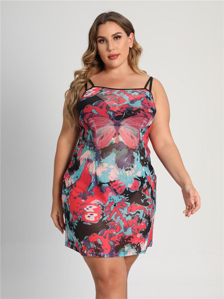 

Plus Size Dresses Sleeveless Women Mesh 2022 Summer Europe America Slim Sexy Printing Sling Bag Hip Skirt Female StreetwearPlus
