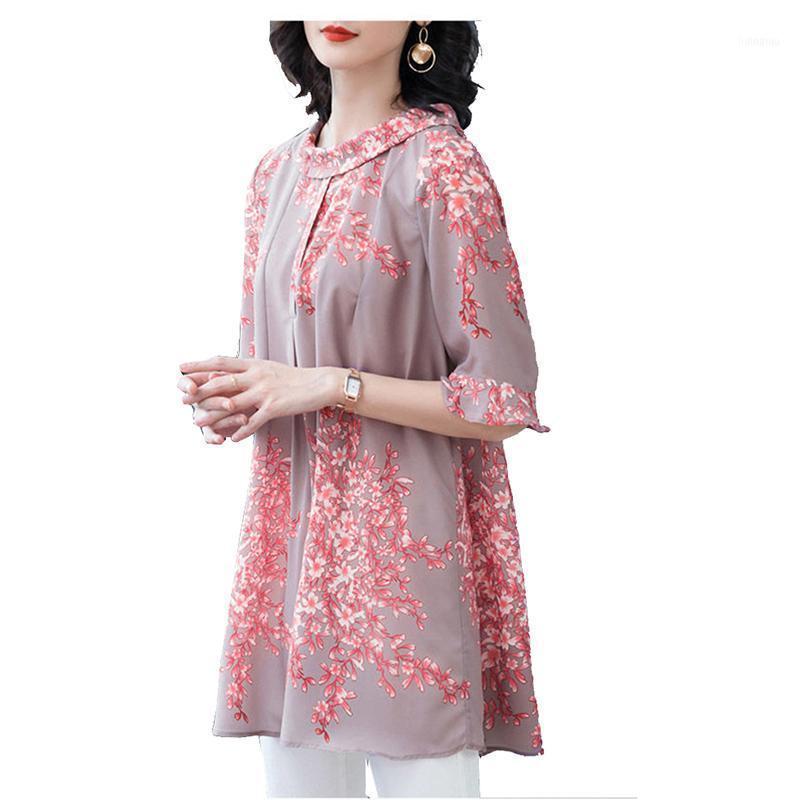 

Floral Chiffon Blouse Shirt For Women O-Neck Mother Loose Pleated Plus Size 4xl 5xL Long Blouses Tops Shirts Summer 2022 Women's &, Blue