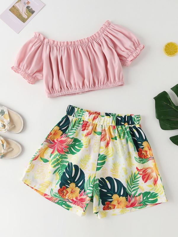 

Girls Off Shoulder Puff Sleeve Frilled Top & Tropical Print Shorts SHE, Multicolor