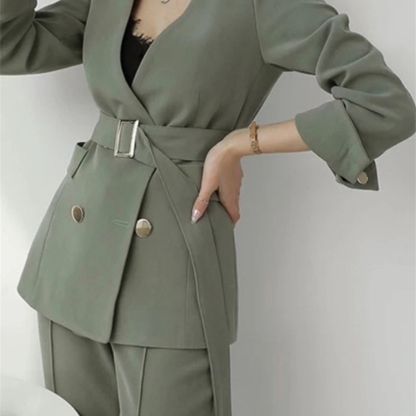 

Spring And Autumn Women's Office Suit VNeck Green TwoPiece Sets Female Blazer Girly Elegant Temperament Pantsuit Setup Ladies 220812, Apricot