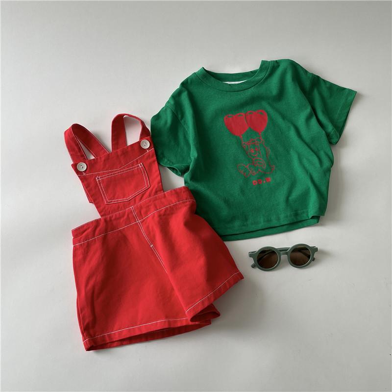 

Clothing Sets 2022 Summer Kids Set Girls Heart Print Short Sleeve T-Shirt Overalls Top Shorts Two Piece SetClothing, Tee