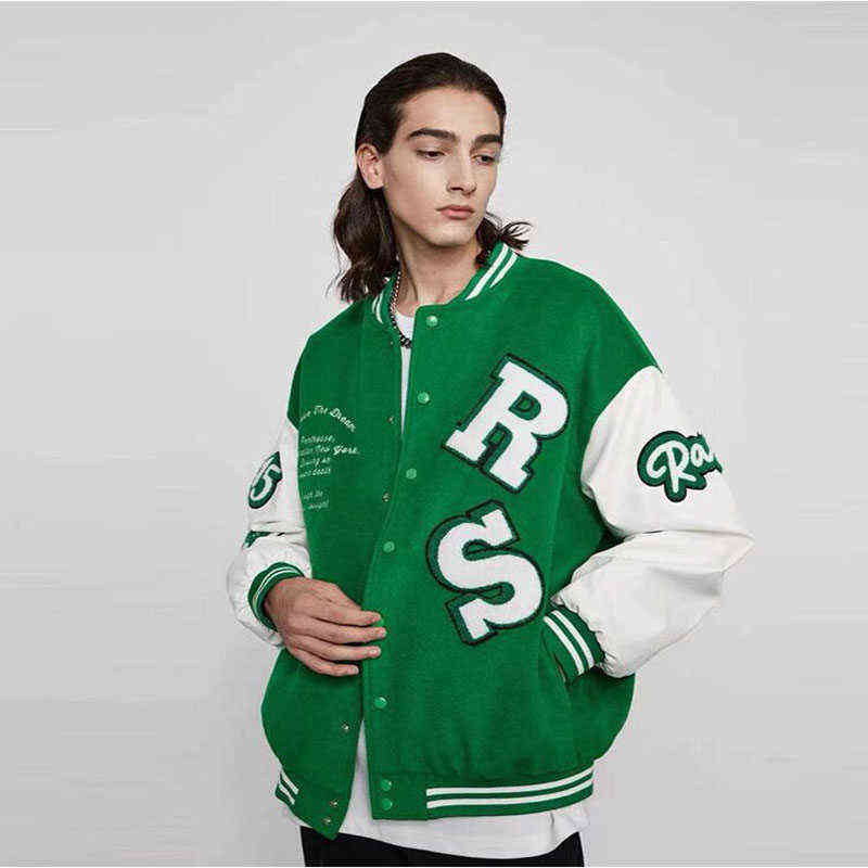 Hommes Baseball Veste Femmes Vintage Broderie Baseball Uniforme Noir À La Mode Patchwork En Cuir Lâche Varsity Veste Vert T220816