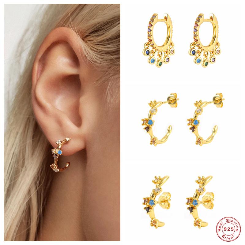 

Hoop & Huggie Aide 925 Sterling Silver Rainbow Zircon Beads Charm Earrings For Women Luxury C Shape Half Circle JewelryHoop