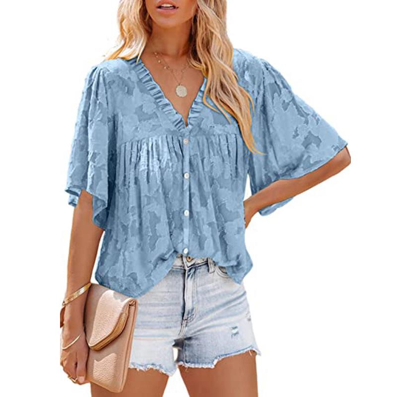 

Women' T-Shirt Women' Flared Sleeve Blouses Ruffle Neck Chiffon Ladies Top Fashion Casual Loose V-neck Short-sleeved Solid Color Elega, White