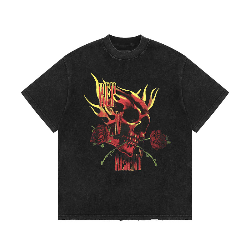 

Vintage T Shirts Tee Summer High Quality Men Women Rose Skull Print Short Sleeve T-shirt Tops, Beige