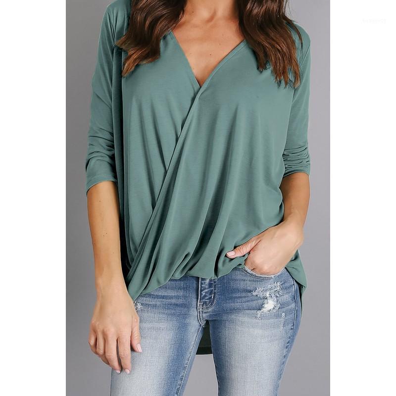 

Women Solid Color Folded V-neck Shirts Pleated Blouse Long Sleeves Chiffon Loose For Womens And Blouses Plus Size Tops Women, Green