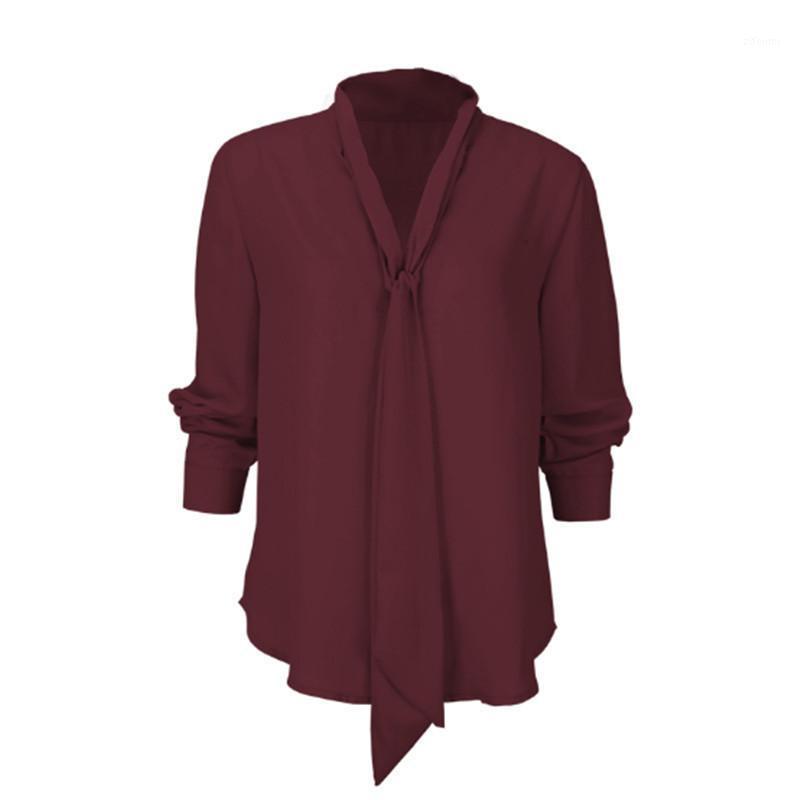 

Arrival Chiffon Blouse Women Satin High-end V-neck Bow Long Sleeve Lady Office Comfortable Casual Female Primer Shirt Women's Blouses & Shir, Wine red