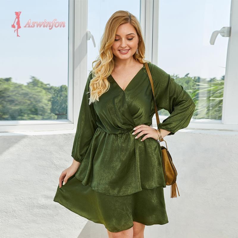 

Casual Dresses Aswinfon 2022 Plus Size Spring Dress For Women 3/4 Sleeve A-line V-neck Large Midi Fashion Ladies, Burgundy dress